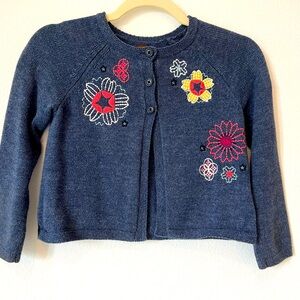 Tea Collection Girls Navy Cotton Floral Embroidered swing Cardigan Sweater M 6-7
